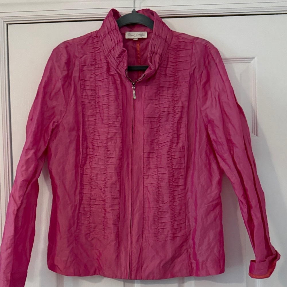 Womens Pink Ruffled Front Zip Jacket